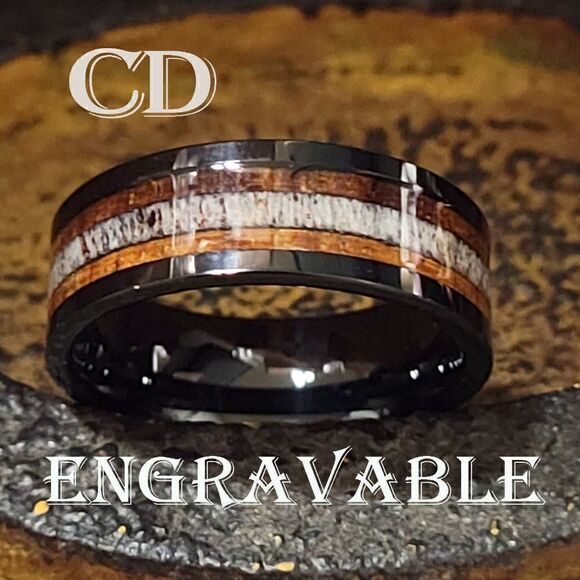 Personalized Engraved Men's Black Tungsten Wedding Ring Bone and Koa Wood - Picture 1 of 7
